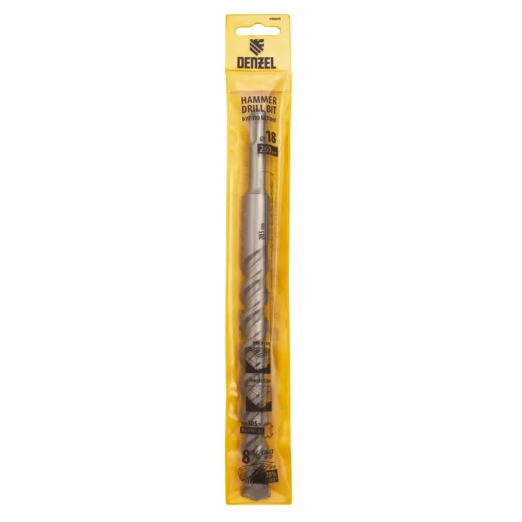 Бур по бетону Denzel, 18 x 260 мм, двойная спираль, три пылеотводящие кромк, 705043 купить в Тюмени