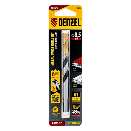 Сверло спиральное по металлу Denzel, 8,5 x 117мм, Р6М5, Golden Tip, многогранная заточка, 718283 купить в Тюмени