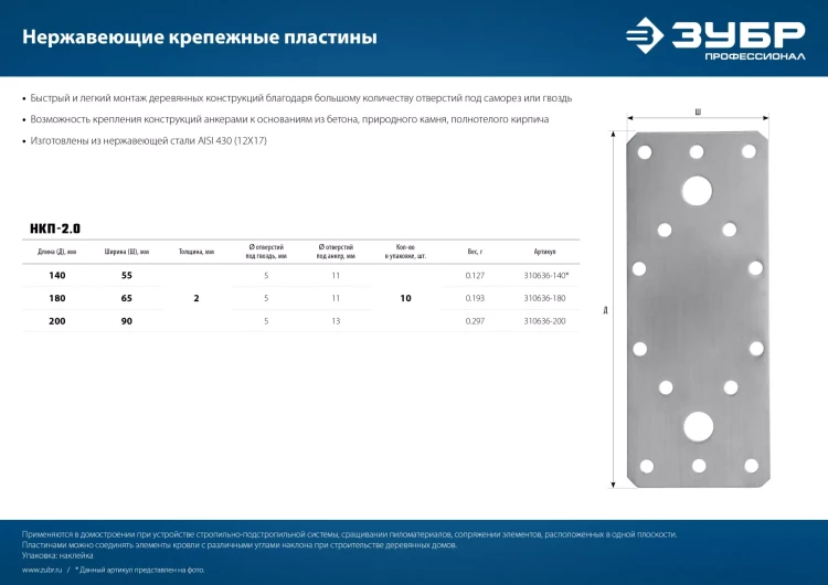 ЗУБР НКП-2.0, 140 x 55 x 2 мм, нержавеющая крепежная пластина, Профессионал (310636-140) купить в Тюмени