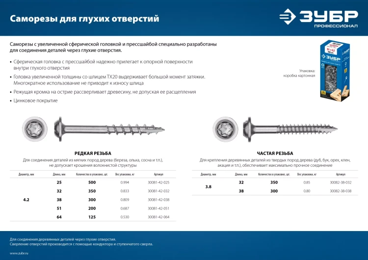ЗУБР 32 х 4.2 мм, редкая резьба, ТХ20, цинк, 350 шт, саморез для глухих отверстий, Профессионал (30081-42-032) купить в Тюмени