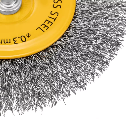 Щетка для дрели Denzel 100 мм, плоская, со шпилькой, нержавеющая витая проволока, 744793 купить в Тюмени