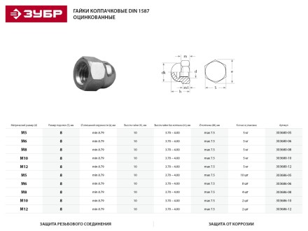 Гайка ЗУБР &quot;МАСТЕР&quot; колпачковая DIN 1587, оцинкованная,  M12, 5кг 303680-12 купить в Тюмени