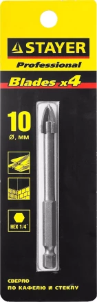 Сверло по кафелю, керамике, стеклу, с четырьмя режущими лезвиями, шестигранный хвостовик, 10 мм, STAYER &quot;PROFESSIONAL&quot; 2985-10 2985-10_z01 купить в Тюмени