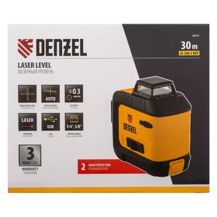 Лазерный уровень мультипризменный LX 360-2 Red, 30 м, 635 нм, аккумулятор Li 2800 мАч, резьба 5/8&quot; Denzel 35076 купить в Тюмени