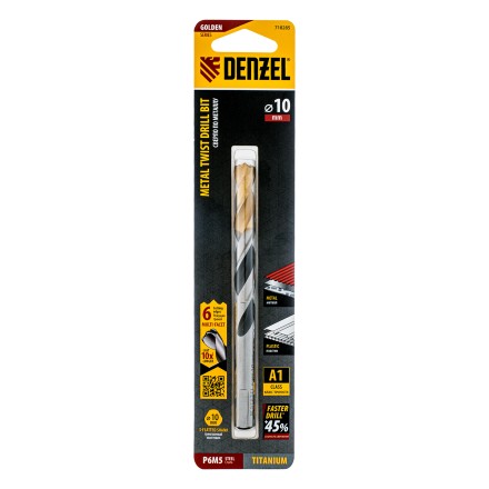 Сверло спиральное по металлу Denzel 10 x 133мм, Р6М5, Golden Tip, многогранная заточка, 718285 купить в Тюмени