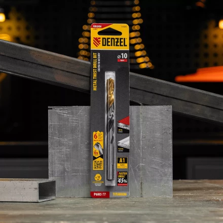 Сверло спиральное по металлу Denzel 10 x 133мм, Р6М5, Golden Tip, многогранная заточка, 718285 купить в Тюмени