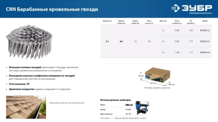 ЗУБР CRN 32 х 3.1 мм, барабанные гвозди кровельные оцинкованные, 7200 шт (305385-32) купить в Тюмени