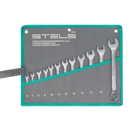 Набор ключей комбинированных Stels 15421, 6-22 мм, 12 шт, CrV, матовый хром купить в Тюмени