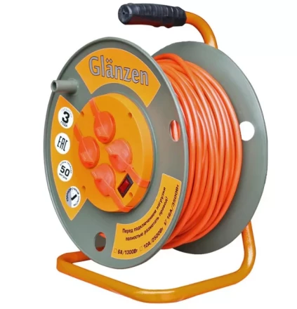 Удлинитель силовой на катушке GLANZEN 4 гн. ПВС 3х1,5 IP44 ЕВ-50-007 купить в Тюмени