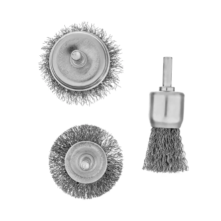 Набор щеток для дрели, 1 Плоская 50мм, 2 Чашки 25-50мм, шпилька, нерж. вит. проволока Denzel 74491 купить в Тюмени