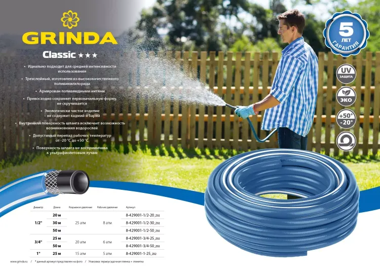Шланг GRINDA CLASSIC поливочный, 20 атм., армированный, 3-х слойный, 3/4"х50м 8-429001-3/4-50_z02 купить в Тюмени