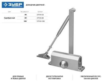 Доводчик дверной ЗУБР для дверей массой до 80 кг, цвет серебро 37910-80 купить в Тюмени