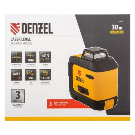 Лазерный уровень мультипризменный LX 360-3 Red, 30 м, 635 нм, аккумулятор Li 2800 мАч, резьба 5/8&quot; Denzel 35077 купить в Тюмени