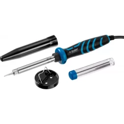 Паяльник ЗУБР "ПРОФЕССИОНАЛ" с двухкомпонентной рукояткой и защитным колпачком в наборе с припоем и подставкой, 40Вт, конус 55402-40_z01