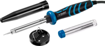 Паяльник ЗУБР &quot;ПРОФЕССИОНАЛ&quot; с двухкомпонентной рукояткой и защитным колпачком в наборе с припоем и подставкой, 40Вт, конус 55402-40_z01 купить в Тюмени