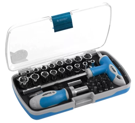 Набор ЗУБР Отвертка &quot;ЭКСПЕРТ&quot; реверс. с насадками, 2-хкомп. ручка, битодерж. с Т-образ. ручкой, в пласт.боксе, 38пред. 25289-H38 купить в Тюмени