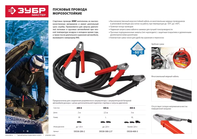 Пусковые провода ЗУБР "МАСТЕР", 400А, 3м, морозостойкие, в сумке 59330-400-3 купить в Тюмени