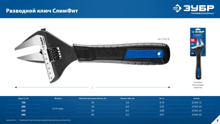 ЗУБР СлимФит, 250 / 50 мм, разводной ключ, ПРОФЕССИОНАЛ (27245-25) купить в Тюмени