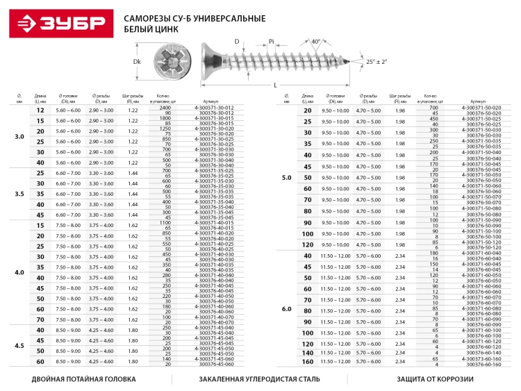 Шурупы ЗУБР по дереву оцинкованные, 5.0x80мм, 6шт 4-300376-50-080 купить в Тюмени