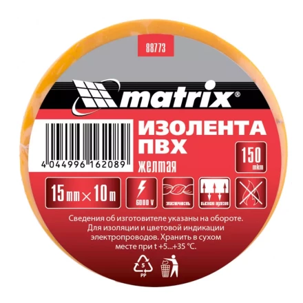 Изолента ПВХ 15 мм х 10 м желтая 150 мкм Matrix 88773 купить в Тюмени