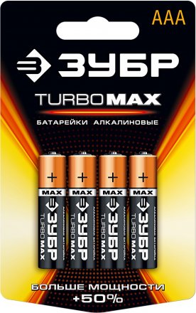 Батарейка ЗУБР &quot;TURBO MAX&quot; щелочная (алкалиновая), тип AAA, 1,5В, 4шт на карточке 59203-4C купить в Тюмени