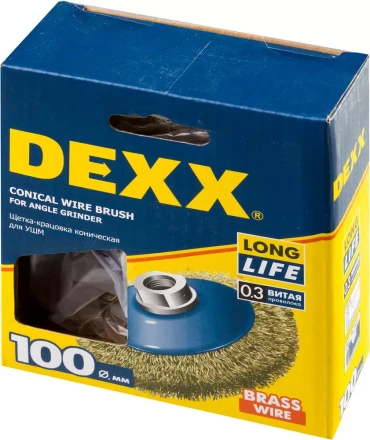 DEXX. Щетка коническая для УШМ, витая стальная латунированная проволока 0,3мм, 100ммхМ14 35105-100 купить в Тюмени