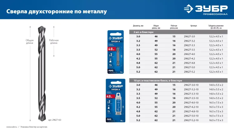 ЗУБР Профессионал 4.0х55мм, Сверло двухстороннее по металлу Проф-А, сталь Р6М5, класс А купить в Тюмени