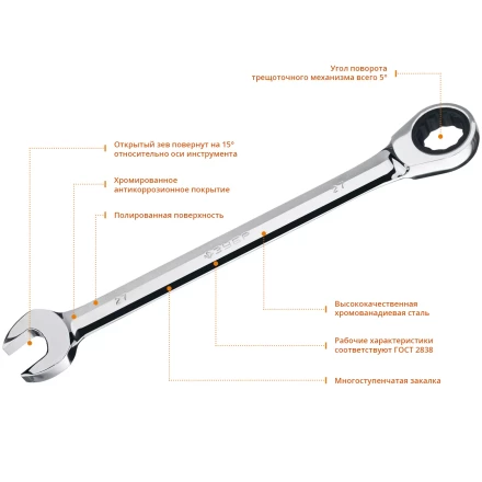 ЗУБР 27 мм, комбинированный трещоточный гаечный ключ, Профессионал (27074-27) купить в Тюмени