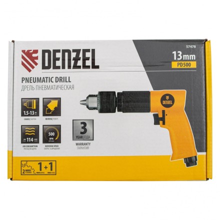 Пневматическая дрель Denzel 57478 PD500, 500 об/мин, 114 л/мин, 13 мм купить в Тюмени