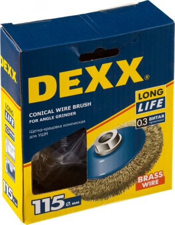 DEXX. Щетка коническая для УШМ, витая стальная латунированная проволока 0,3мм, 115ммхМ14 35105-115 купить в Тюмени