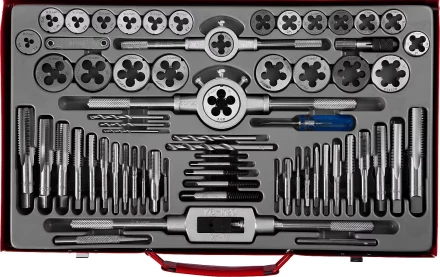 Набор ЗУБР &quot;ЭКСПЕРТ&quot; с металлореж. инструментом,метчики однопроход. и плашки,оснастка, экстракторы-в метал.боксе 65пред. 28118-H65 купить в Тюмени