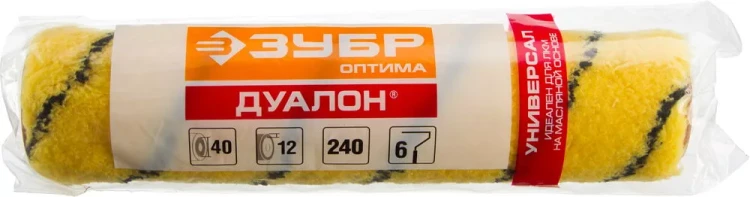 Ролик малярный сменный ЗУБР "ОПТИМА -ДУАЛОН", все виды ЛКМ, идеален для ЛКМ на масляной основе, для ровных поверхностей, полиэстр, ворс 12 мм, бюгель 6 мм, 40х240мм 02518-24 купить в Тюмени