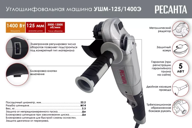 Углошлифовальная машина (болгарка) Ресанта УШМ-125/1400Э 75/12/5 купить в Тюмени