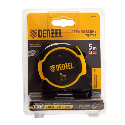 Рулетка Denzel 5м х 25мм, двухкомп. корпус, магнитный обрезиненный зацеп, 31532 купить в Тюмени