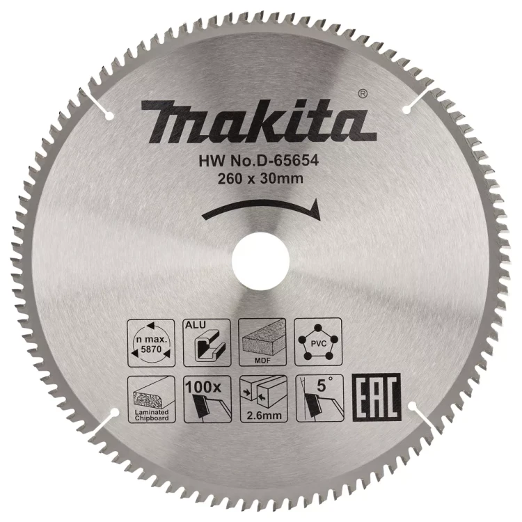 Диск пильный универсальный для алюминия/дерева/пластика Makita D-65654, 260x30x1.8 мм; 100 зубьев купить в Тюмени
