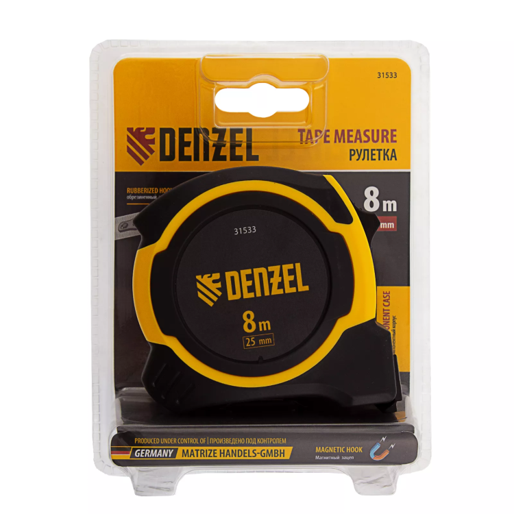 Рулетка Denzel 8м х 25мм, двухкомп. корпус, магнитный обрезиненный зацеп, 31533 купить в Тюмени