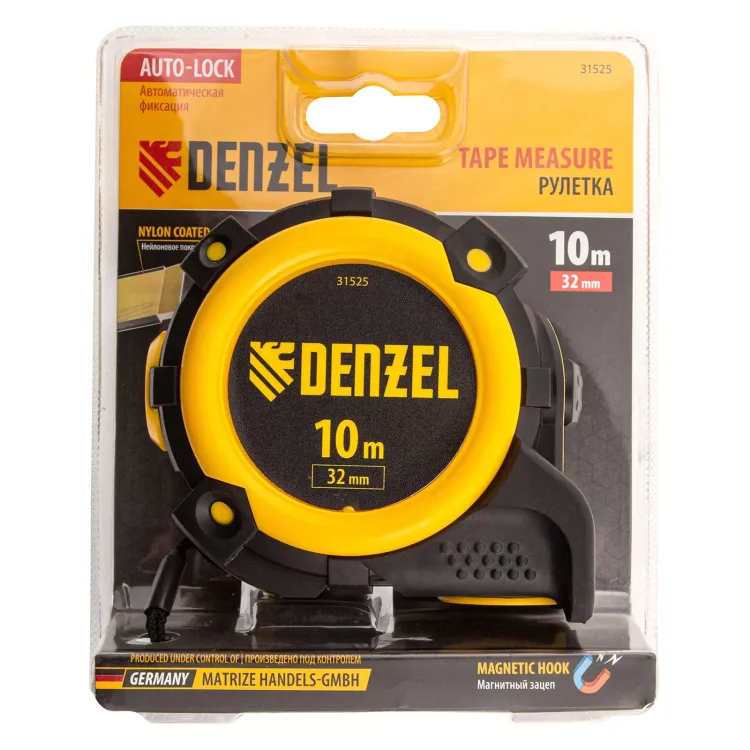 Рулетка Denzel 10м х 32мм, автоматич. фиксац., нейлон. покрытие, магнит. зацеп, двухстор. разметка, 31525 купить в Тюмени