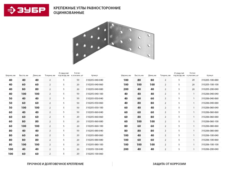 Крепежный угол ЗУБР "МАСТЕР" равносторонний, 60х80х80мм, 20шт 310205-060-080 купить в Тюмени