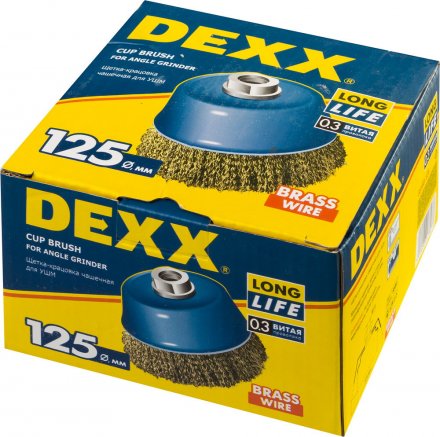 DEXX. Щетка чашечная для УШМ, витая стальная латунированная проволока 0,3мм, 125ммхМ14 35103-125 купить в Тюмени
