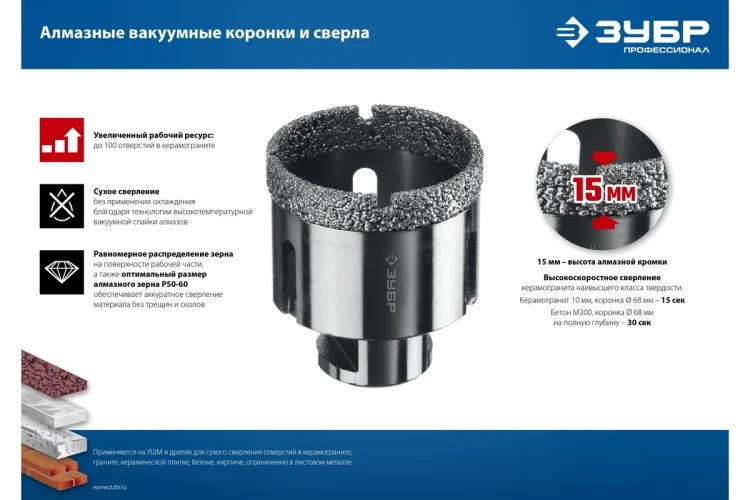 ЗУБР АВК, d 65 мм, (М14, 15 мм кромка), вакуумная алмазная коронка, Профессионал (29865-65) купить в Тюмени