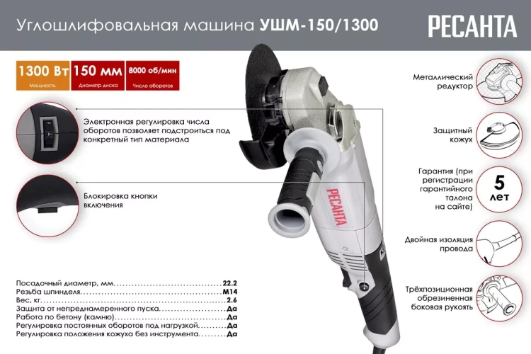 Углошлифовальная машина (болгарка) Ресанта УШМ-150/1300 75/12/6 купить в Тюмени