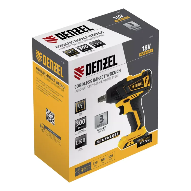Гайковерт ударный аккумуляторный бесщеточный Denzel 26502 CIW-IB-300-0, Li-ion, 18В, 300Нм купить в Тюмени