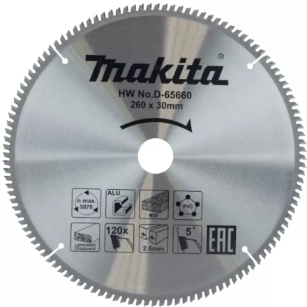 Диск пильный универсальный для алюминия/дерева/пластика Makita D-65660, 260x30x1.8 мм; 120 зубьев купить в Тюмени