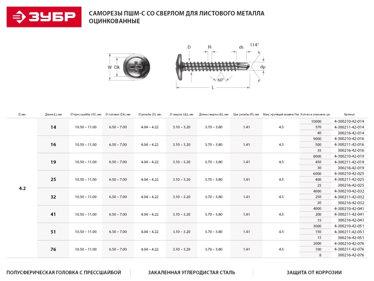 Саморезы ЗУБР с прессшайбой и сверлом по листовому металлу до 2 мм, PH2, 4,2х19 мм, 30шт 300216-42-019 купить в Тюмени