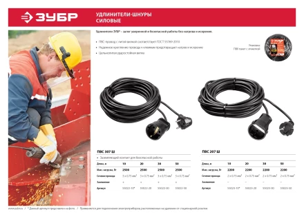 ЗУБР ПВС-207-Ш, ПВС, 2 x 0.75 мм2, 20 м, 2200 Вт, силовой удлинитель-шнур (55023-20) купить в Тюмени