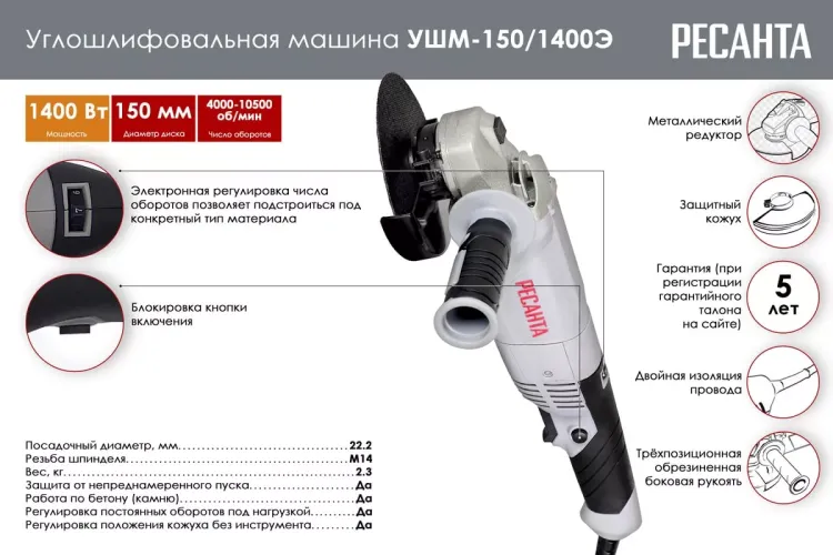 Углошлифовальная машина (болгарка) Ресанта УШМ-150/1400Э 75/12/7 купить в Тюмени