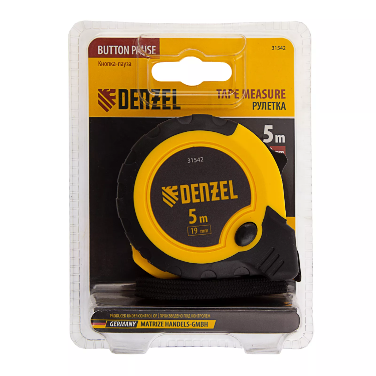 Рулетка Denzel 5м х 19мм, двухкомп. корпус, кнопка-пауза, 31542 купить в Тюмени