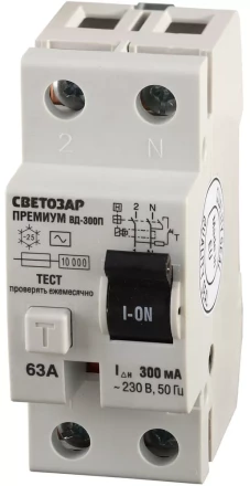 Выключатель дифференциальный &quot;УЗО&quot; СВЕТОЗАР &quot;ПРЕМИУМ&quot;, 2-полюсный, 63 A, &quot;AC&quot;, откл.диф.ток. 300 мА, 230 В SV-49132-300-63 купить в Тюмени