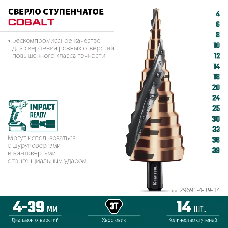Ступенчатые сверла, сталь c кобальтом, спиральная проточка, 3Т хвостовик 29691-4-39-14 купить в Тюмени