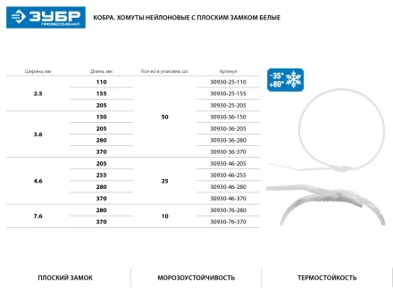 Кабельные стяжки белые КОБРА, с плоским замком, 4.6 х 205 мм, 25 шт, нейлоновые, ЗУБР 30930-46-205 купить в Тюмени